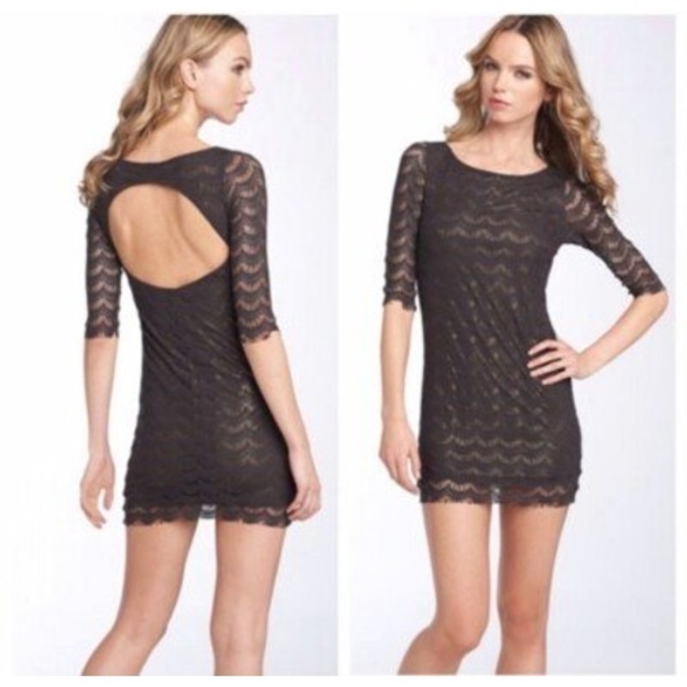 Free People Dress Womens Small Green Lace Open Back Boho Sheer 3/4 Sleeve Mini